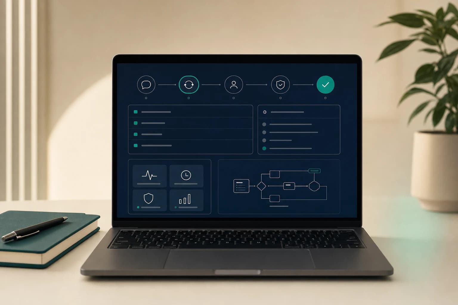 Laptop exibindo um fluxo visual de um agente de atendimento