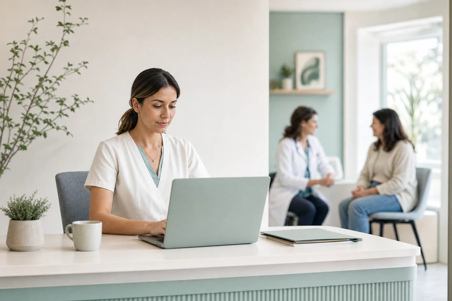 Profissional de uma clínica revisando a operação enquanto uma consulta acontece ao fundo