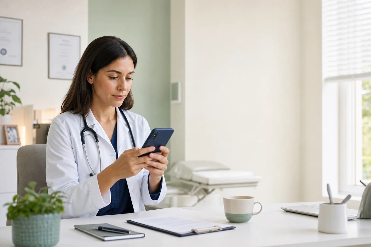 Profissional de saúde conferindo uma mensagem no celular em sua clínica